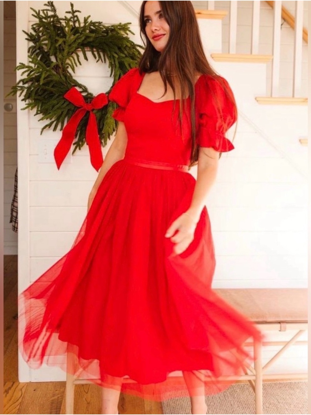 Ivy City Co Red Puff-Sleeve Tulle Midi Dress